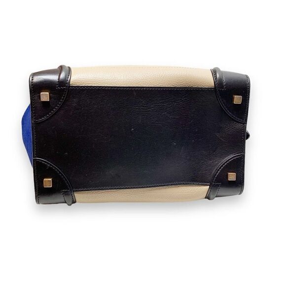 CELINE Tri-Color, Tan Calfskin Leather, Blue Suede, Black Trim Luggage Tote Bag - Picture 6 of 17